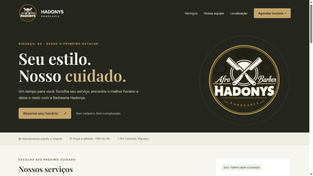 Captura real do site da Barbearia Hadonys: apresentação, serviços e agendamento